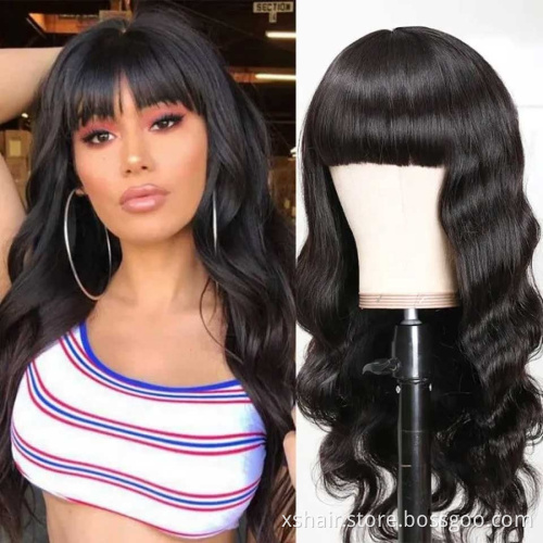 10A machine made wig Breathable Body Wave Human Hair Wig With Bangs None Lace Machine Made Wig